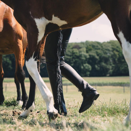 Lange Dy'on-chaps van kunstleer met franjes