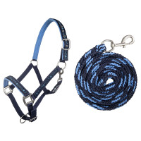 Halsterset met touw 180cm musketon HKM Stars Donkerblauw / lichtblauw Halsterset met touw 180cm musketon HKM Stars Donkerblauw / lichtblauw