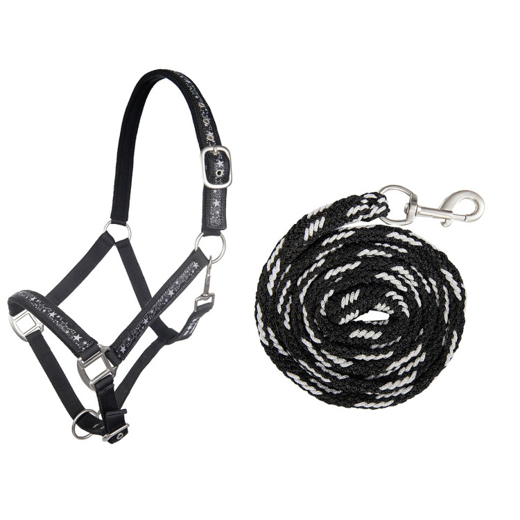Halsterset met touw 180cm musketon HKM Stars
