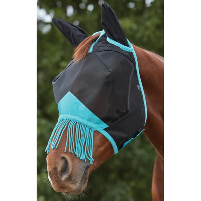 Masque anti-mouches Weatherbeeta ComFiTec Deluxe Mesh oreilles et franges Noir / turquoise