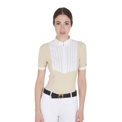 Polo ajusté en coton plissé manches courtes femme Equestro Beige