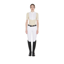 Polo ajusté en coton plissé manches courtes femme Equestro Beige
