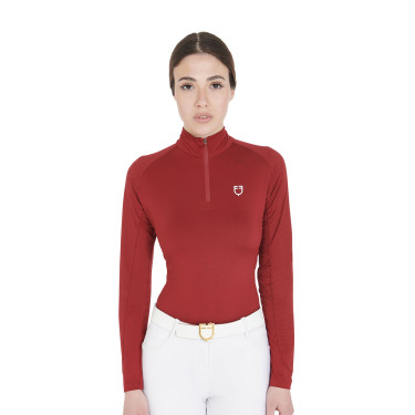 Dames nauwsluitende basislaag met lange mouwen in technisch stof Equestro Bordeaux / wit