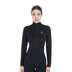 Dames nauwsluitende basislaag met lange mouwen in technisch stof Equestro Zwart / geel Dames nauwsluitende basislaag met lange mouwen in technisch stof Equestro Zwart / geel