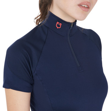 Aansluitende basislaag met korte mouwen voor dames in technisch materiaal Equestro Marine / rood Blauw Aansluitende basislaag met korte mouwen voor dames in technisch materiaal Equestro Marine / rood Blauw