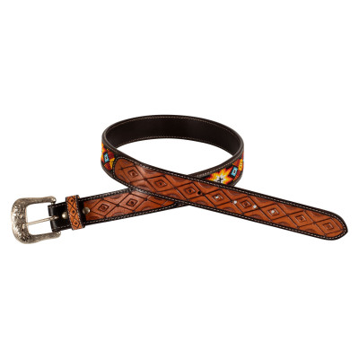 Ceinture Western Perlée avec Boucle en Laiton Pool's Naturel / turquoise / orange
