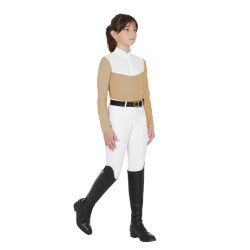 Chemise de concours Fille à Manches Longues Zip et Mesh Equestro Beige