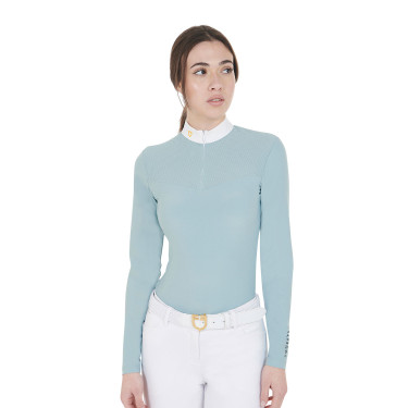 Dames wedstrijdpolo met lange mouwen in technische stof en mesh Equestro Grijze nevel Blauw