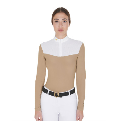 Polo de concours Femme Manches Longues en Tissu Technique et Mesh Equestro Beige