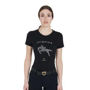 Slim fit dames-T-shirt springen met strass Equestro Zwart