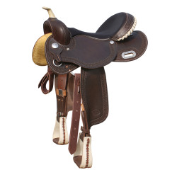 Selle Pool's 5020 met ruwe, bruine leren zitting voor barrel.
