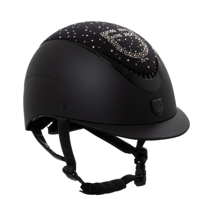 Matte helm met smalle vizier en logo in strass, goedgekeurd volgens EN 1384-2023 Equestro Matte helm met smalle vizier en logo in strass, goedgekeurd volgens EN 1384-2023 Equestro