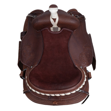 Westernzadel Lakota met ronde rok, gegraveerd en met zilverdraad Bruin