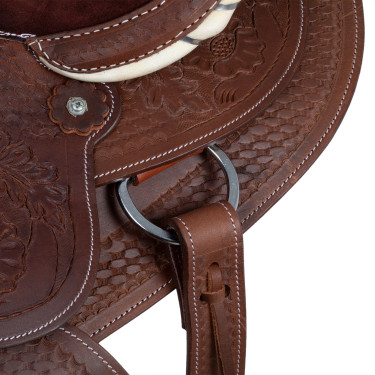 Westernzadel Lakota met ronde rok, gegraveerd en met zilverdraad Bruin