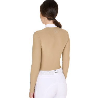 Wedstrijdpolo Dames Lange Mouwen met Strass Equestro Beige