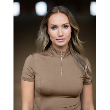 UV-beschermende polo Equestrian Stockholm dames met korte mouwen Champagne Beige UV-beschermende polo Equestrian Stockholm dames met korte mouwen Champagne Beige