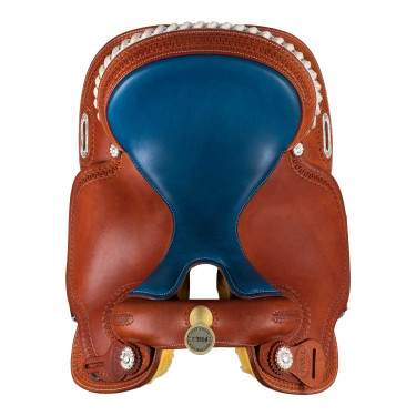 Selle Pool's 5020 met ruwe blauwe leren zitting voor barrel. Cognac Bruin