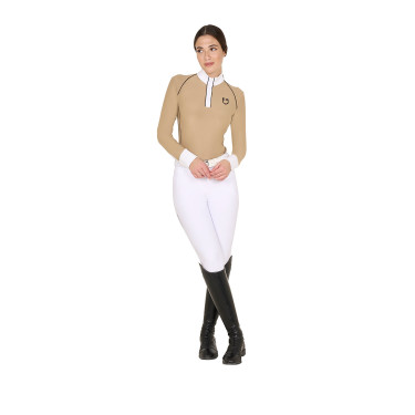 Wedstrijdpolo Dames Lange Mouwen met Mesh Inzetstukken Equestro Beige