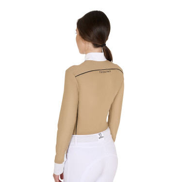 Wedstrijdpolo Dames Lange Mouwen met Mesh Inzetstukken Equestro Beige