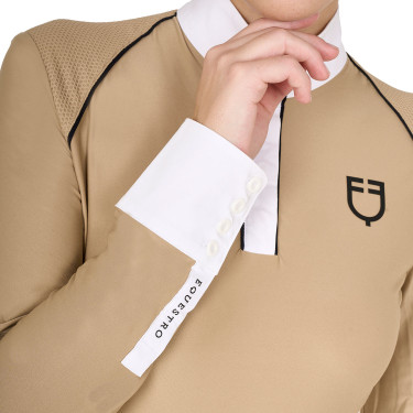 Wedstrijdpolo Dames Lange Mouwen met Mesh Inzetstukken Equestro Beige
