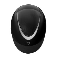 Glanzende Equestro-helm met kunstlederen kinriem, smalle klep, EN1384-2023 goedgekeurd Zwart / zilver Glanzende Equestro-helm met kunstlederen kinriem, smalle klep, EN1384-2023 goedgekeurd Zwart / zilver