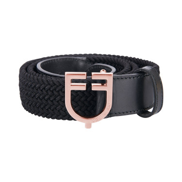 Equestro leren elastische riem met roségoudkleurige gesp en logo Zwart