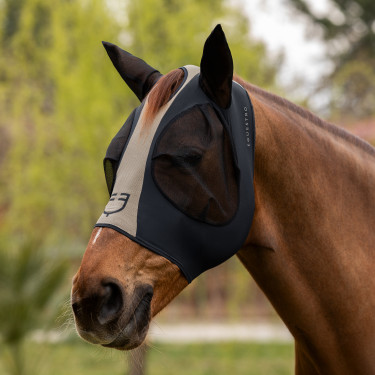 Tweekleurig Equestro vliegenmasker van mesh Antraciet / grijze flanelle