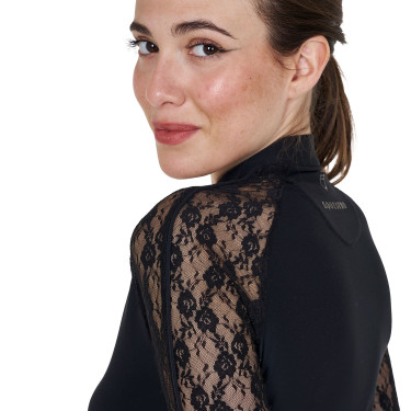 Dames trainingspolo Equestro met lange mouwen en kant Zwart
