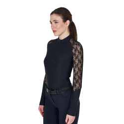 Dames trainingspolo Equestro met lange mouwen en kant Zwart