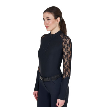 Dames trainingspolo Equestro met lange mouwen en kant Zwart