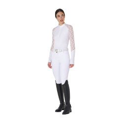 Dames trainingspolo Equestro met lange mouwen en kant Wit