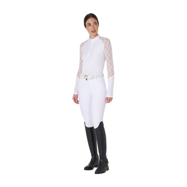 Dames trainingspolo Equestro met lange mouwen en kant Wit