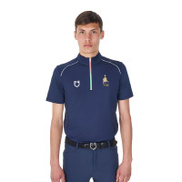 Heren trainingspolo Equestro x FISE met rits, Italiaanse vlag, korte mouwen Marineblazer Marineblauw
