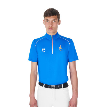 Heren trainingspolo Equestro x FISE met rits, Italiaanse vlag, korte mouwen Blauw van Savoye