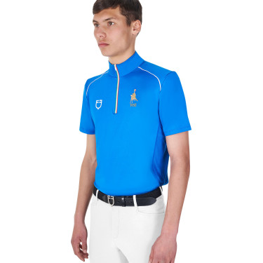 Heren trainingspolo Equestro x FISE met rits, Italiaanse vlag, korte mouwen Blauw van Savoye
