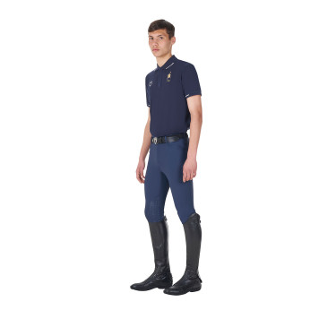 Heren trainingspolo Equestro x FISE met drie knopen en korte mouwen Marineblazer Marineblauw