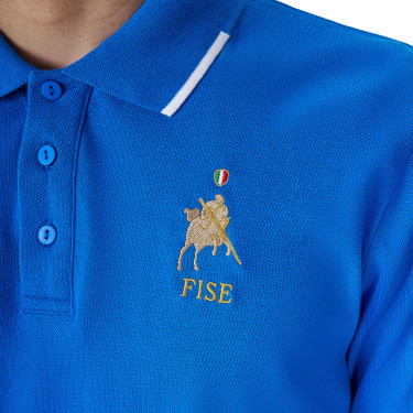 Heren trainingspolo Equestro x FISE met drie knopen en korte mouwen Blauw van Savoye Heren trainingspolo Equestro x FISE met drie knopen en korte mouwen Blauw van Savoye