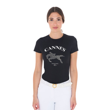 Dames T-shirt Equestro Cannes katoen met strass, korte mouwen Zwart
