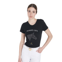 Dames T-shirt Equestro slim fit Horse Life met strass, korte mouwen Zwart