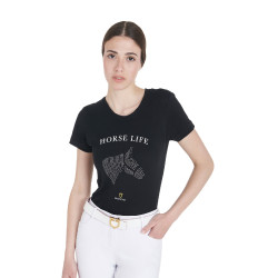 Dames T-shirt Equestro slim fit Horse Life met strass, korte mouwen Zwart