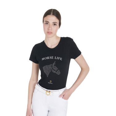 Dames T-shirt Equestro slim fit Horse Life met strass, korte mouwen Zwart