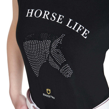 Dames T-shirt Equestro slim fit Horse Life met strass, korte mouwen Zwart