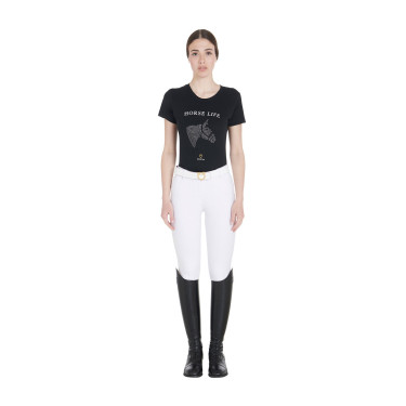 Dames T-shirt Equestro slim fit Horse Life met strass, korte mouwen Zwart