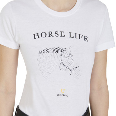Dames T-shirt Equestro slim fit Horse Life met strass, korte mouwen Wit