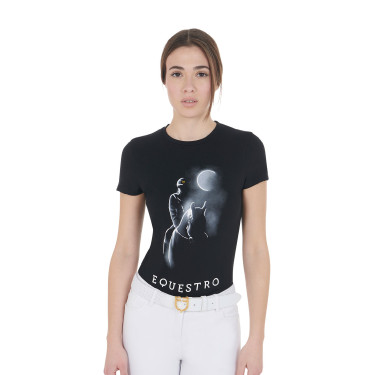 Dames-T-shirt Equestro slim-fit met Moonlight-print, korte mouwen Zwart