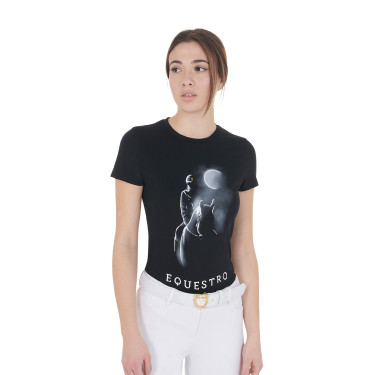 Dames-T-shirt Equestro slim-fit met Moonlight-print, korte mouwen Zwart