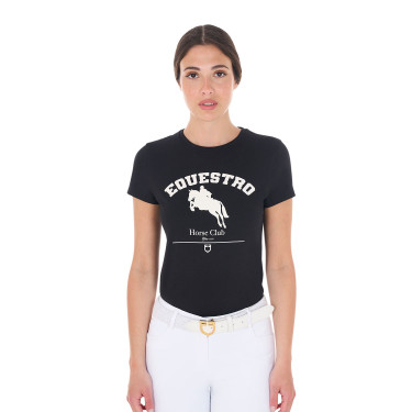 Dames T-shirt Equestro Jumping Horse Club katoen korte mouwen Zwart