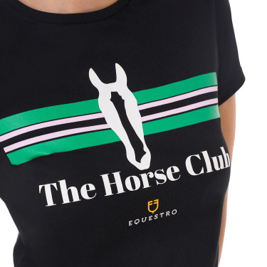 Dames T-shirt Equestro Stripe Horse Club katoen met korte mouwen Zwart
