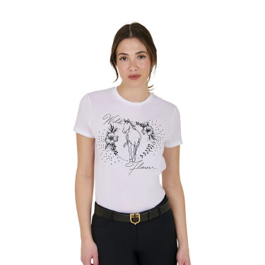 Dames T-shirt Equestro Wild Flower van katoen met korte mouwen Wit Dames T-shirt Equestro Wild Flower van katoen met korte mouwen Wit