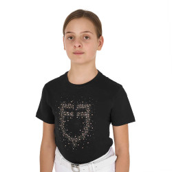 Meisjes T-shirt Equestro slim-fit met roze glitterlogo, korte mouwen Zwart